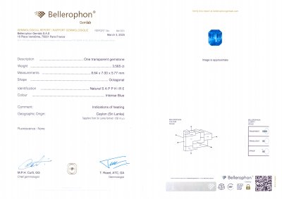 Certificate Intense Blue sapphire in octagon cut 3.56 carats, Sri Lanka