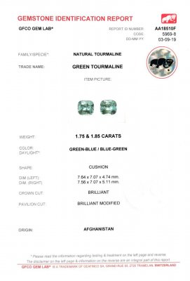 Certificate Pair of lagoon tourmalines, 3.60 ct, ICA
