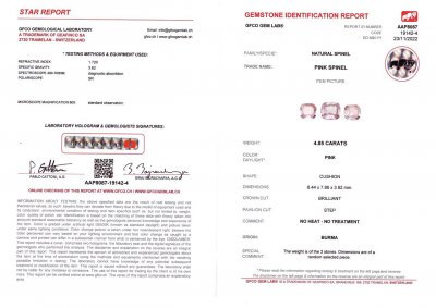 Certificate Cushion cut lilac spinel set 4.85 ct