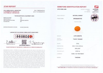 Certificate Fanta color spessartine garnet 2.70 ct in oval cut, Tanzania