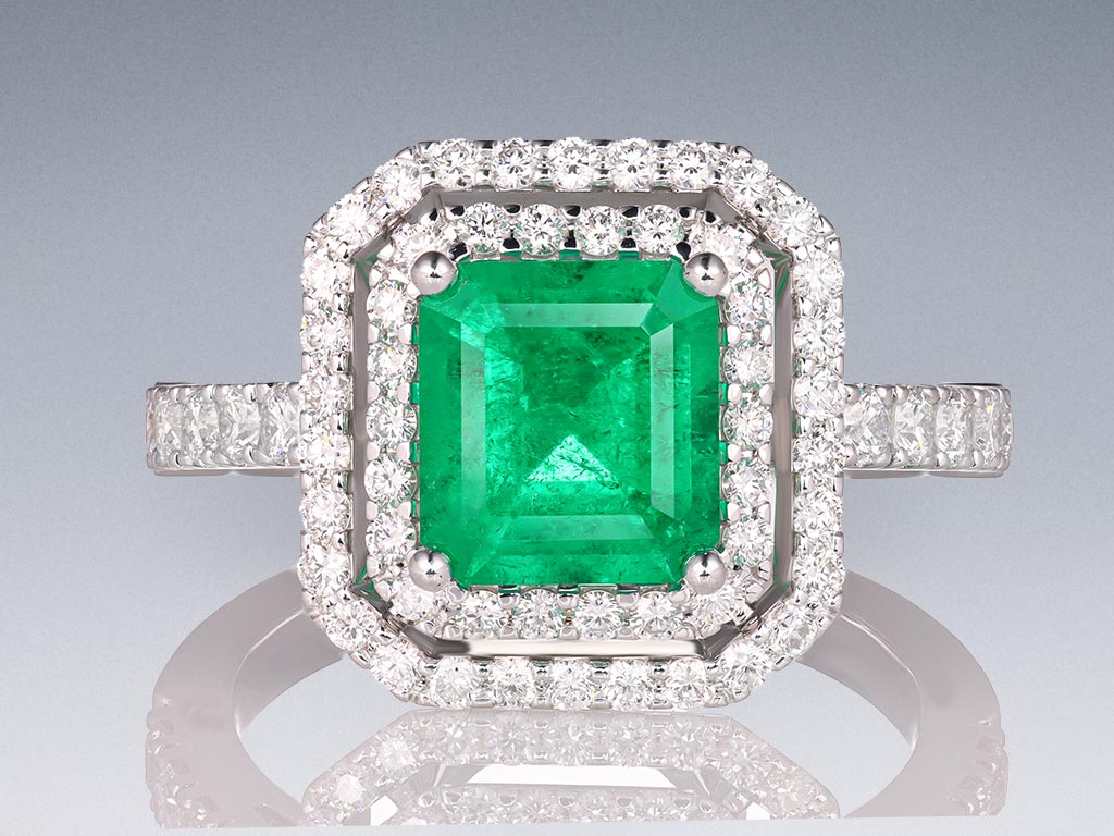 Ring with 1.85 carat Muzo Green emerald and diamonds in 18K white gold Image №1