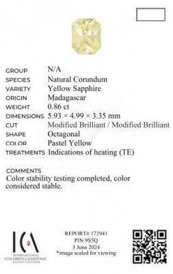 Certificate Pastel yellow sapphire in radiant cut 0.86 carats, Madagascar
