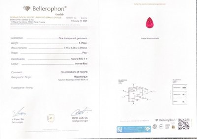 Certificate Unheated Pigeon's Blood red ruby in pear cut 1.01 carats, Mozambique 