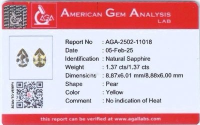Certificate Pair of unheated yellow sapphires pear cut 2.74 carats, Madagascar