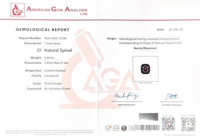 Certificate Purple spinel 4.48 carats cushion cut 4.48 carats, Burma