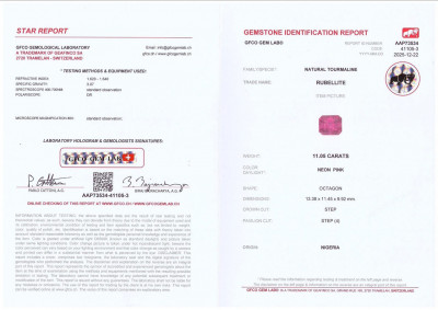 Certificate Vivid pink tourmaline in octagon cut 11.05 carats, Nigeria