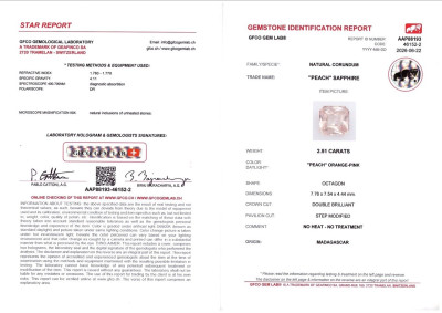 Certificate Unheated peach sapphire radiant cut  2.51 carats, Madagascar