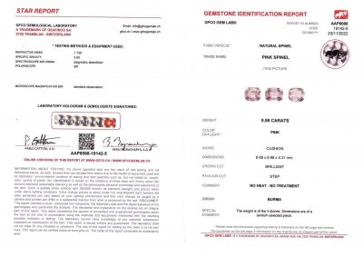 Certificate Set of lavender spinel from Burma 5.58 ct