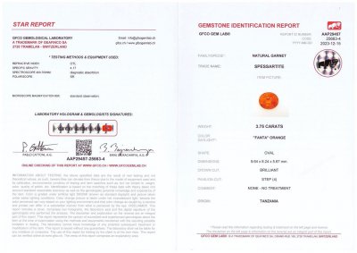 Certificate Fanta color spessartine garnet in oval cut 3.75 ct, Tanzania