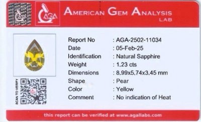 Certificate Unheated yellow sapphire pear cut  1.23 carats, Madagascar