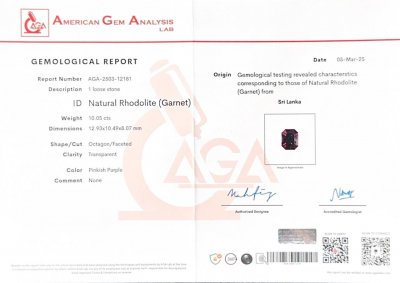 Certificate Garnet  rhodolite octagon cut 10.05 carats, Sri Lanka