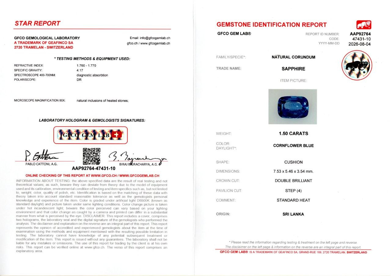 Sapphire Cornflower Blue cushion cut 1.50 carats, Sri Lanka Image №6