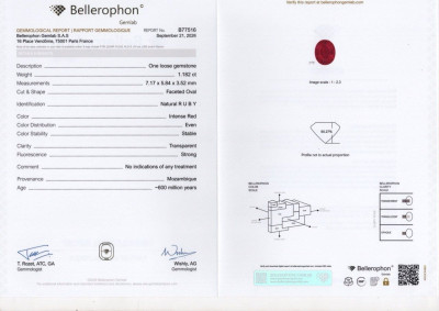 Certificate Unheated ruby Intense Red oval cut 1.18 carats, Mozambique