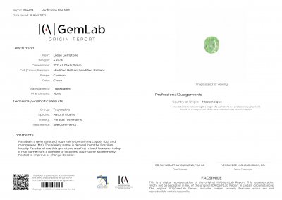 Certificate Green Paraiba tourmaline 4.45 ct, Mozambique