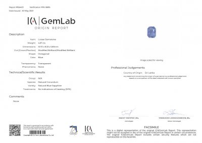 Certificate Unheated cornflower blue sapphire 4.97 ct from Sri Lanka