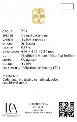 Certificate Yellow sapphire (Pastel Yellow) radiant cut 0.84 carats, Sri Lanka