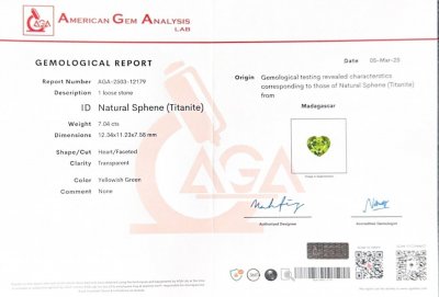 Certificate Yellow-green sphene in heart shape 7.04 carats, Madagascar