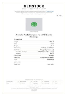 Certificate Tourmaline Paraíba Neon green oval cut 12.12 carats, Mozambique 