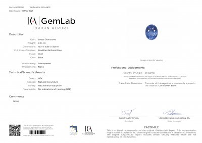 Certificate Unheated Cornflower color sapphire 8.04 ct, Sri Lanka, ICA