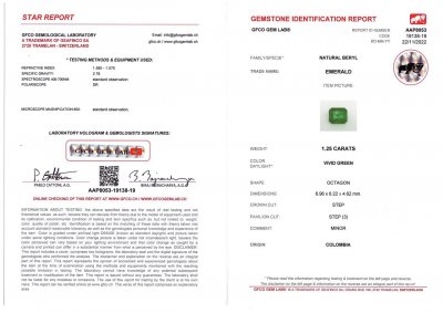 Certificate Vivid Green emerald octagon cut 1.25 ct, Colombia