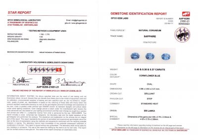 Certificate Set of Cornflower color sapphires in oval cut 1.15 ct, Sri Lanka