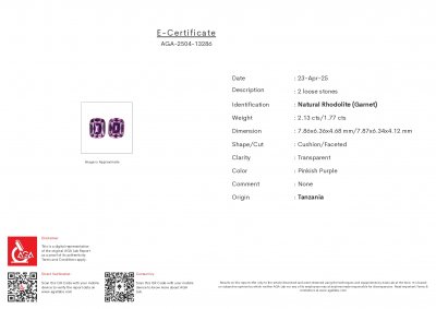 Certificate Pair of rhodolite garnets  cushion cut 3.90 carats, Tanzania