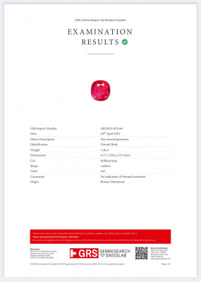 Certificate Unheated ruby cushion cut 1.46 carats, Burma 