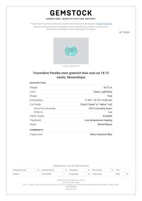 Certificate Tourmaline Paraíba neon greenish blue oval cut 18.72 carats, Mozambique