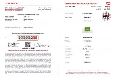 Certificate Colombian emerald octagon shape 2.24 ct, Vivid Green