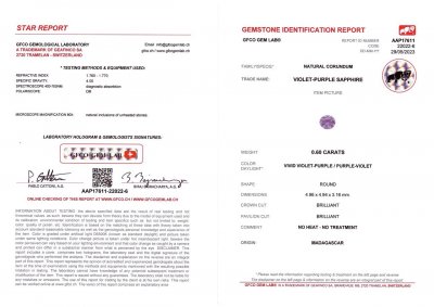 Certificate Untreated round violet sapphire 0.60 ct from Madagascar