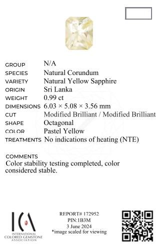 Untreated yellow sapphire (Pastel Yellow) in radiant cut 0.99 carats, Sri Lanka Image №6