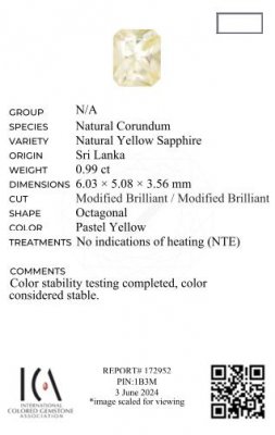 Certificate Untreated yellow sapphire (Pastel Yellow) in radiant cut 0.99 carats, Sri Lanka