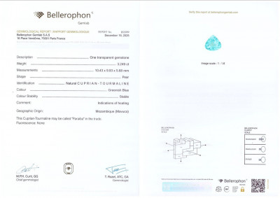 Certificate Neon blue Paraiba tourmaline in pear cut 3.25 carats, Mozambique