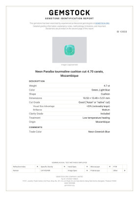 Certificate Neon Paraíba tourmaline cushion cut 4.70 carats, Mozambique