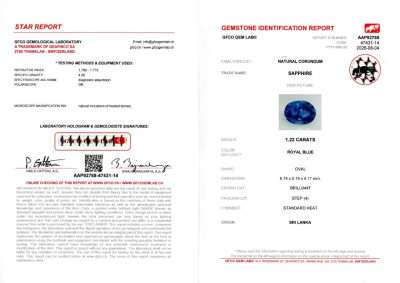 Certificate Sapphire Royal Blue oval cut 1.22 carats, Sri Lanka