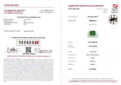 Certificate Colombian octagon emerald 2.73 ct