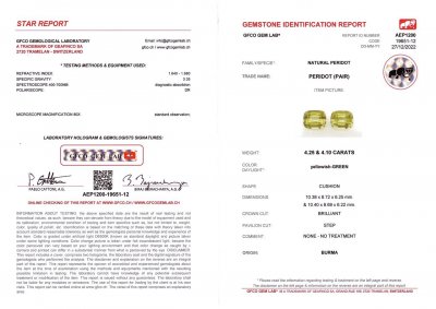 Certificate Pair of peridots from Burma in a cushion cut 8.35 ct