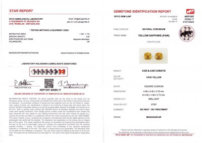 Certificate Pair of intense yellow sapphires, untreated, 1.30 ct
