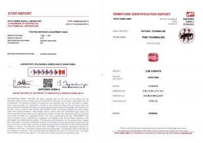 Certificate Intense pink cushion cut rubellite 2.86 carats, Nigeria