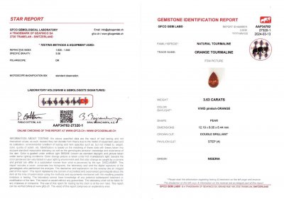 Certificate Intense red-orange tourmaline in pear-cut 3.63 carats, Africa