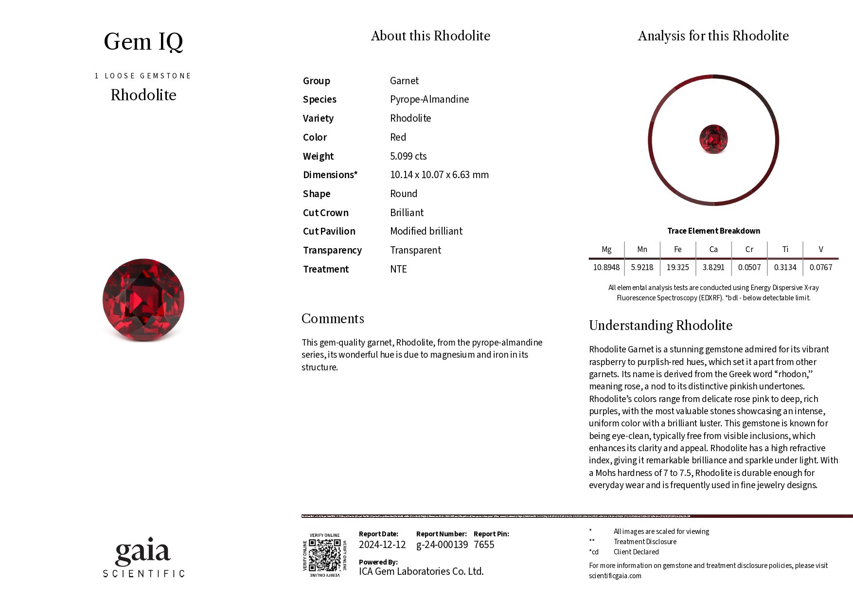 Red-orange rhodolite garnet in round cut 5.09 carats, Tanzania Image №6