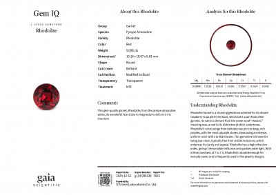 Certificate Red-orange rhodolite garnet in round cut 5.09 carats, Tanzania
