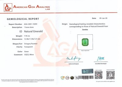 Certificate Intense green emerald in octagon cut 7.94 carats, Zambia 