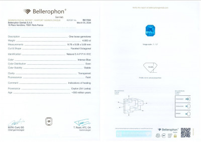 Certificate Blue sapphire radiant cut 4.08 carats, Sri Lanka