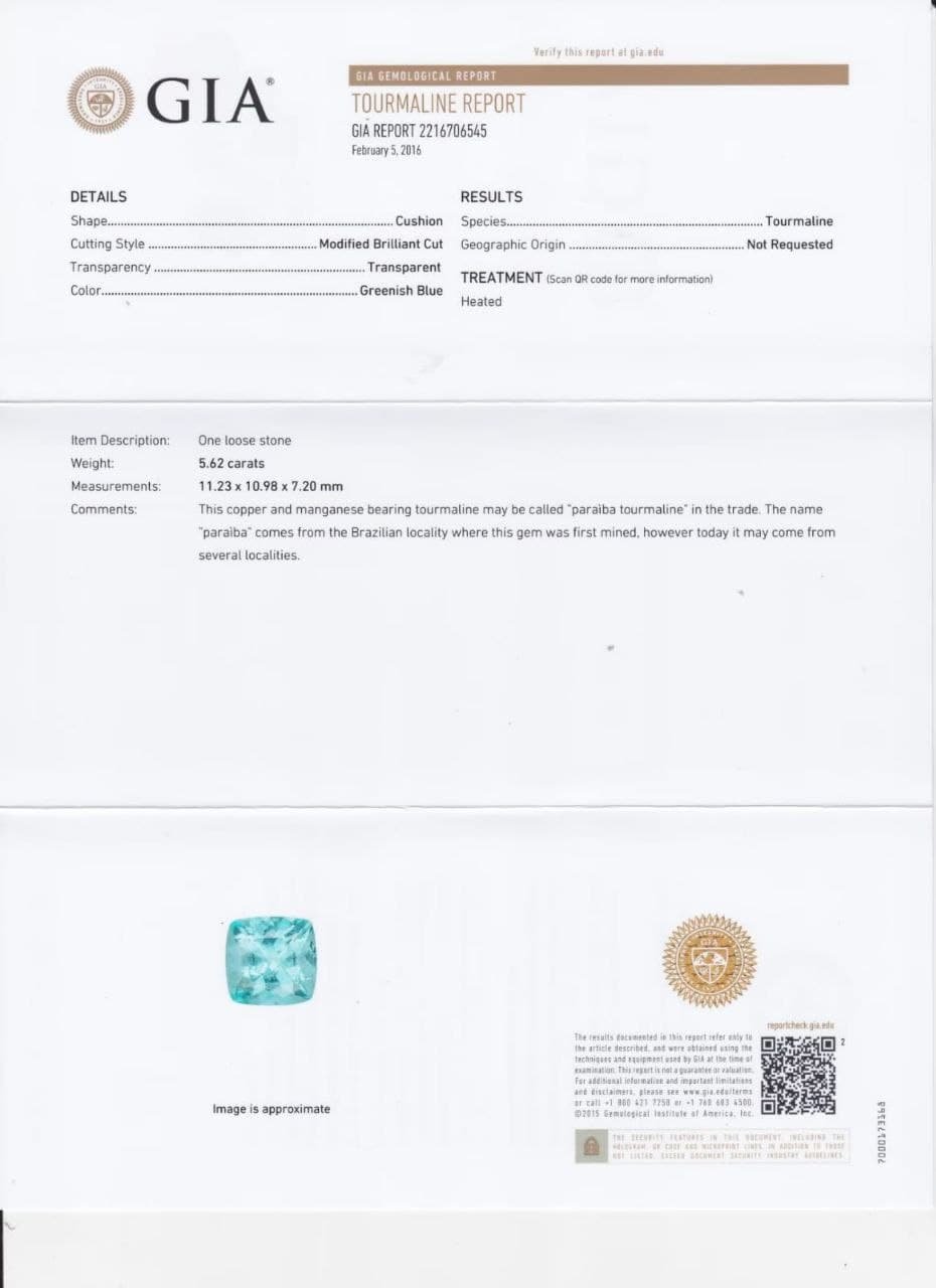 Cushion cut neon paraiba tourmaline 5.62 ct, GIA Image №4