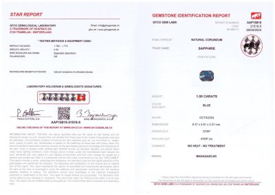 Certificate Unheated teal color sapphire 1.00 ct, Madagascar