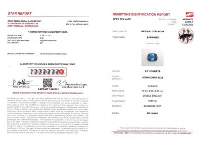 Certificate Intense Cornflower blue sapphire in cushion cut 5.11 ct, Sri Lanka