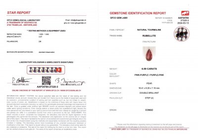 Certificate Red-pink rubellite in pear cut 6.59 carats, Congo