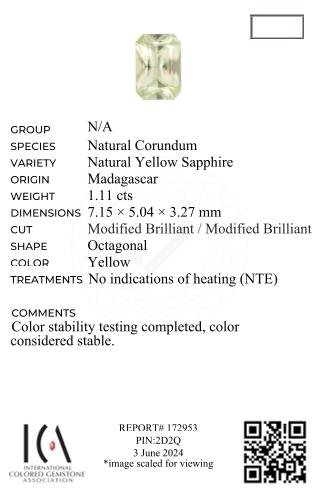 Untreated radiant-cut yellow sapphire 1.11 carats, Madagascar Image №6