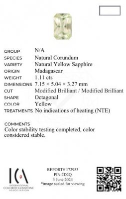 Certificate Untreated radiant-cut yellow sapphire 1.11 carats, Madagascar